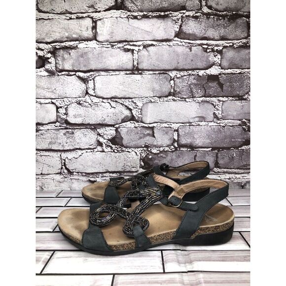Dansko Reeta Black Leather Jewels Beads Strappy Cork Sandals Women Sz 37EU/6.5US - Picture 1 of 15